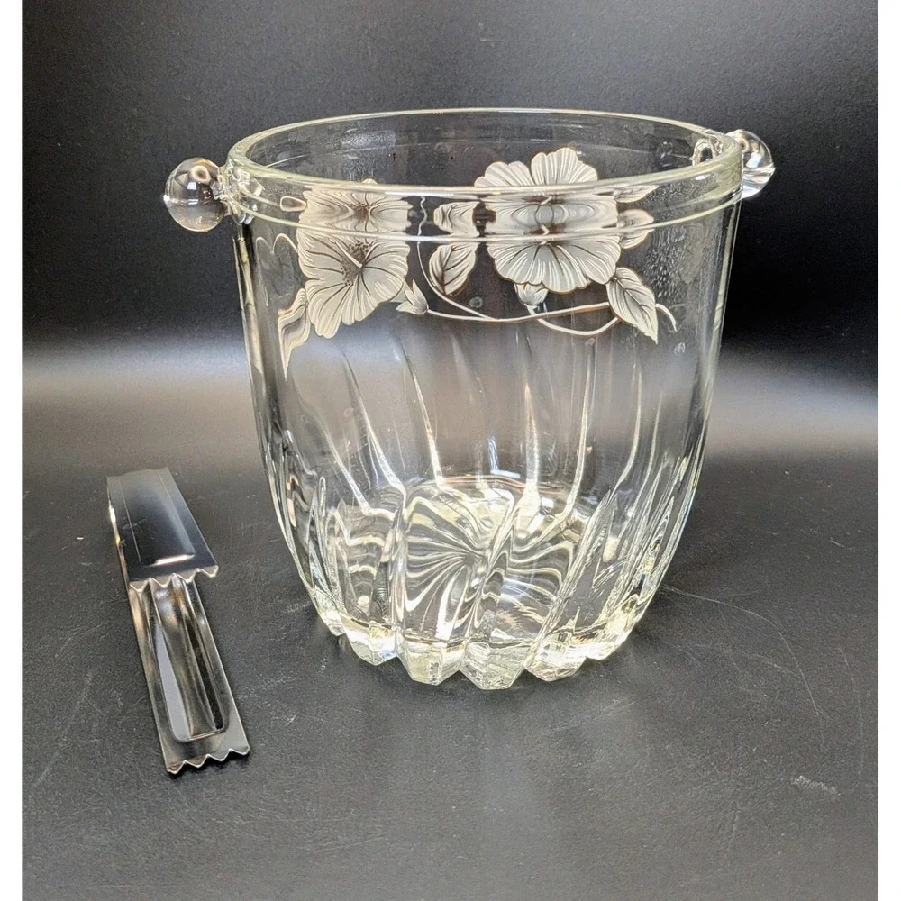 Vintage Mid Century Floral Etched Ice Bucket with Tongs
